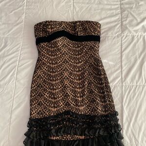 Carmen Marc Valvo Strapless Black and Tan Lace-Pattern Cocktail Dress